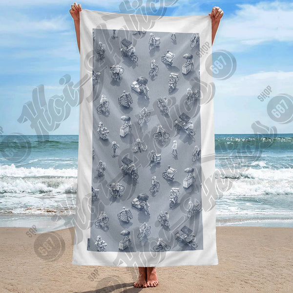 Silver Grey Printed Illustration Beach Towel