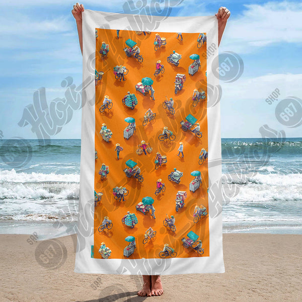 Orange Printed Illustration Beach Towel