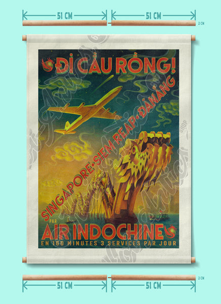 Front view of a stylized Vietnamese city portrait, printed on canvas fabric, with poles for hanging and dimensions, including a dragon bridge, an aeroplane, boats, buildings and a dramatic night sky.