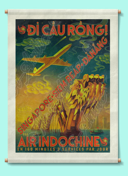 Front view of a stylized Vietnamese city portrait, printed on canvas fabric, with poles for hanging, including a dragon bridge, an aeroplane, boats, buildings and a dramatic night sky.
