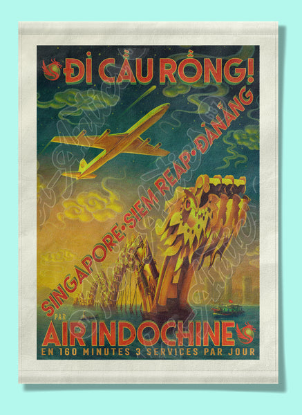Front view of a stylized Vietnamese city portrait, printed on canvas fabric, including a dragon bridge, an aeroplane, boats, buildings and a dramatic night sky.