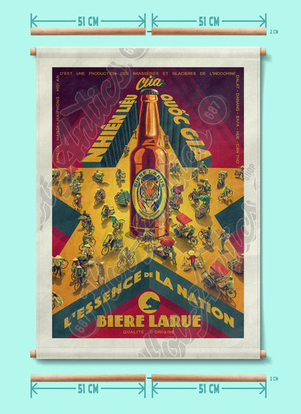 Front view of a stylized Vietnamese street scene, printed on canvas fabric, with poles for hanging and dimensions, including a star, a beer bottle and people on bicycles and motorcycles.