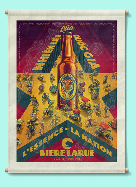 Front view of a stylized Vietnamese street scene, printed on canvas fabric, with poles for hanging, including a star, a beer bottle and people on bicycles and motorcycles.