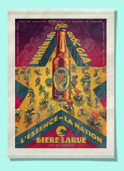 Front view of a stylized Vietnamese street scene, printed on canvas fabric, including a star, a beer bottle and people on bicycles and motorcycles.