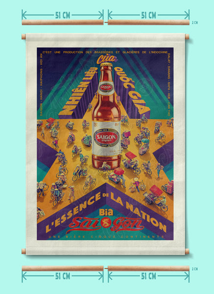 Front view of a stylized Vietnamese street scene, printed on canvas fabric, with poles for hanging and dimensions, including a star, a beer bottle and people on bicycles and motorcycles.