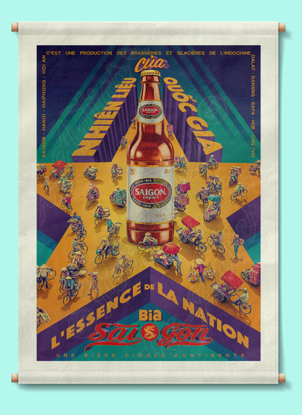 Front view of a stylized Vietnamese street scene, printed on canvas fabric, with poles for hanging, including a star, a beer bottle and people on bicycles and motorcycles.