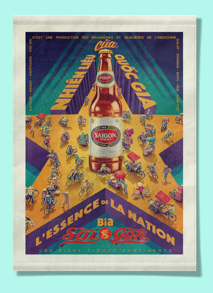 Front view of a stylized Vietnamese street scene, printed on canvas fabric, including a star, a beer bottle and people on bicycles and motorcycles.
