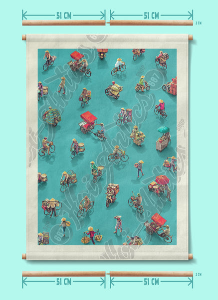 Front view of a Vietnamese street scene printed on canvas fabric, with poles for hanging and dimensions, with a pattern of people on bicycles and motorcycles.