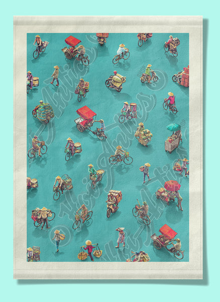 Front view of a Vietnamese street scene printed on canvas fabric, with a pattern of people on bicycles and motorcycles.