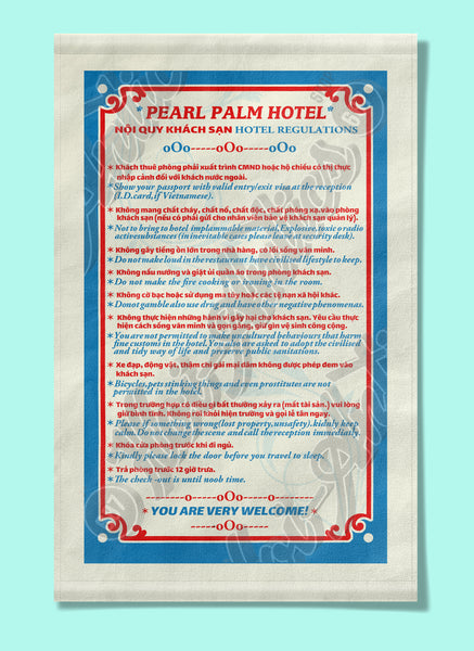 Front view of a Vietnamese hotels rules and regulations printed on canvas fabric, with a variety of rules and regulations in both Vietnamese and English translations.