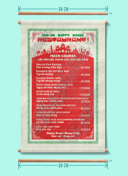 Front view of a Vietnamese restaurant menu printed on canvas fabric, with poles for hanging and dimensions, displaying a list of dishes in English and Vietnamese with corresponding prices.