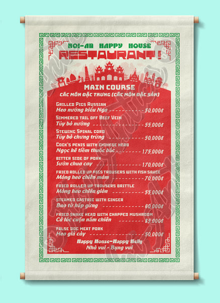 Front view of a Vietnamese restaurant menu printed on canvas fabric, with poles for hanging, displaying a list of dishes in English and Vietnamese with corresponding prices.