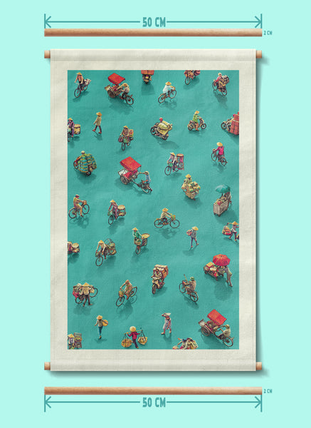 Front view of a Vietnamese street scene printed on canvas fabric, with poles for hanging and dimensions, with a pattern of people on bicycles and motorcycles.