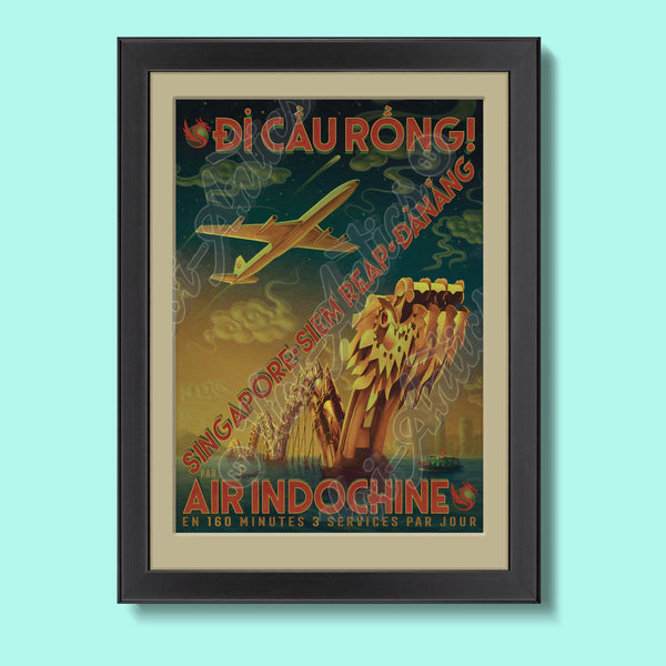 A stylized Vietnamese city portrait, printed on fine art paper, framed and including a dragon bridge, an aeroplane, boats, buildings and a dramatic night sky.