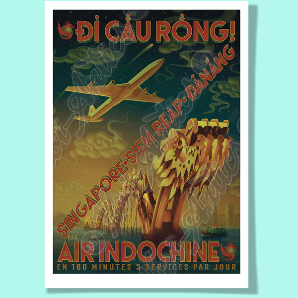 Front view of a stylized Vietnamese city portrait, printed on fine art paper, including a dragon bridge, an aeroplane, boats, buildings and a dramatic night sky.