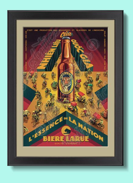 Front view of a stylized Vietnamese street scene, printed on fine art paper, framed and including a star, a beer bottle and people on bicycles and motorcycles.