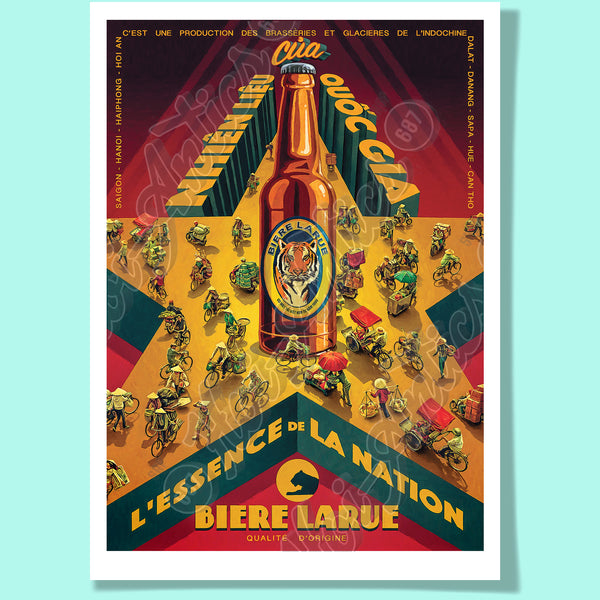 Front view of a stylized Vietnamese street scene, printed on fine art paper, including a star, a beer bottle and people on bicycles and motorcycles.