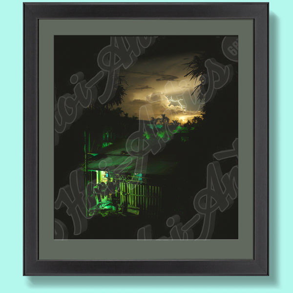 Front view of a Vietnamese night sky, printed on fine art paper, framed and including a dramatic flash of lightning, a Vietnamese house with dramatic green and yellow lighting.