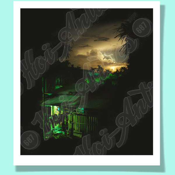 Front view of a Vietnamese night sky, printed on fine art paper, including a dramatic flash of lightning, a Vietnamese house with dramatic green and yellow lighting.