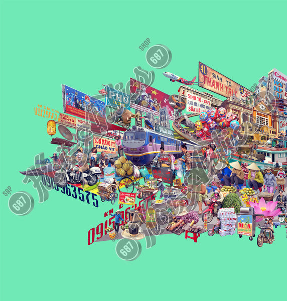 A cropped view of an epic Vietnamese landscape, printed on fine art paper, featuring a montage of imagery featuring buildings, people, street signs, shop signs, animals, transport and street food venders.