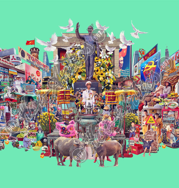 A cropped view of an epic Vietnamese landscape, printed on fine art paper, featuring a montage of imagery featuring buildings, people, street signs, shop signs, animals, transport and street food venders.