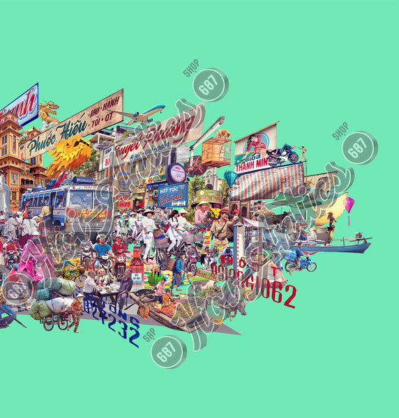 A cropped view of an epic Vietnamese landscape, printed on fine art paper, featuring a montage of imagery featuring buildings, people, street signs, shop signs, animals, transport and street food venders.
