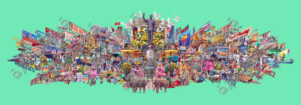 An epic Vietnamese landscape, printed on fine art paper, featuring a montage of imagery featuring buildings, people, street signs, shop signs, animals, transport and street food venders.