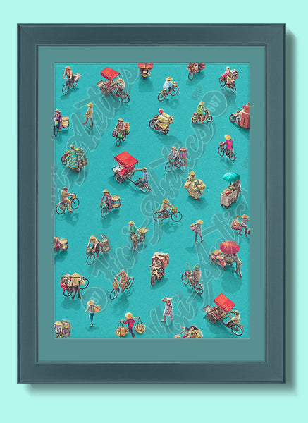 Front view of a Vietnamese street scene printed on fine art paper, framed with a pattern of people on bicycles and motorcycles.