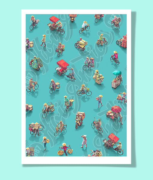 Front view of a Vietnamese street scene printed on fine art paper, with a pattern of people on bicycles and motorcycles.