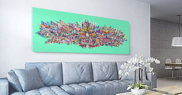An epic Vietnamese landscape, printed on fine art paper, hanging on a lounge wall, featuring a montage of imagery featuring buildings, people, street signs, shop signs, animals, transport and street food venders.