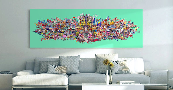 An epic Vietnamese landscape, printed on fine art paper, hanging on a lounge wall, featuring a montage of imagery featuring buildings, people, street signs, shop signs, animals, transport and street food venders.