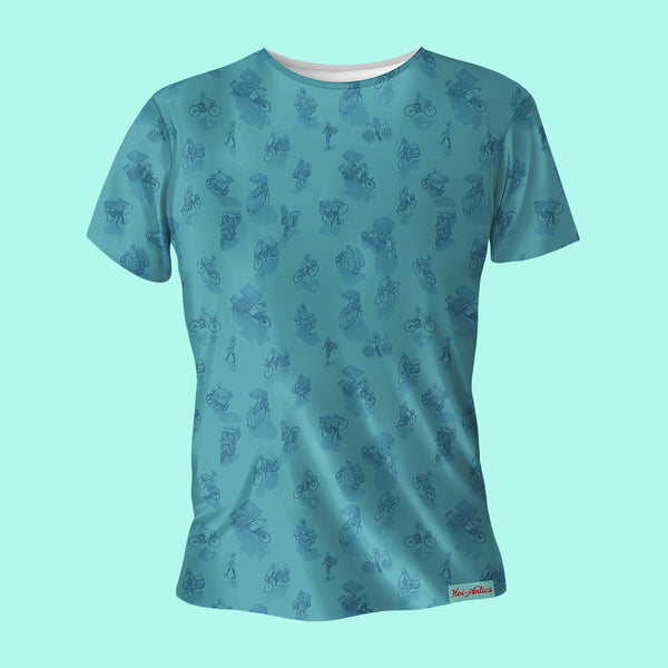 Front view of a blue t-shirt with a dark blue pattern of people on bicycles and motorcycles, featuring Hoi-Antics brand logo.