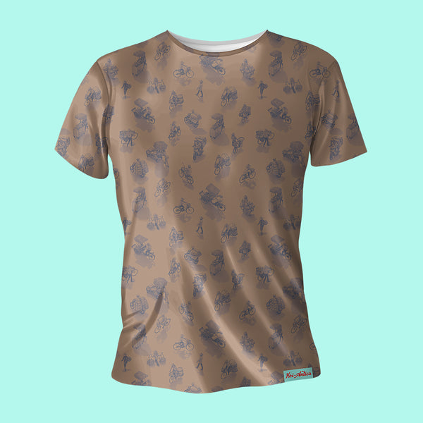 Front view of a bronze t-shirt with a dark grey pattern of people on bicycles and motorcycles, featuring Hoi-Antics brand logo.