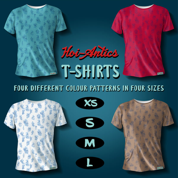 Blue, red, white and bronze t-shirts with  patterns of people on bicycles and motorcycles, featuring Hoi-Antics brand logo.