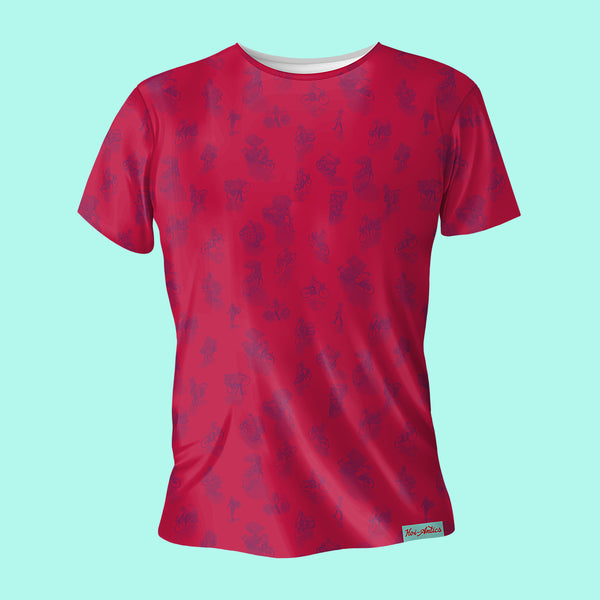Front view of a red t-shirt with a purple pattern of people on bicycles and motorcycles, featuring Hoi-Antics brand logo.