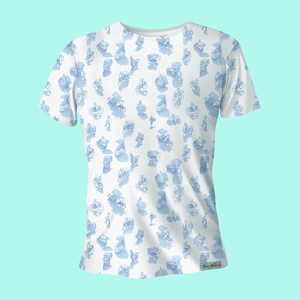 Front view of a white t-shirt with a light blue pattern of people on bicycles and motorcycles, featuring Hoi-Antics brand logo.