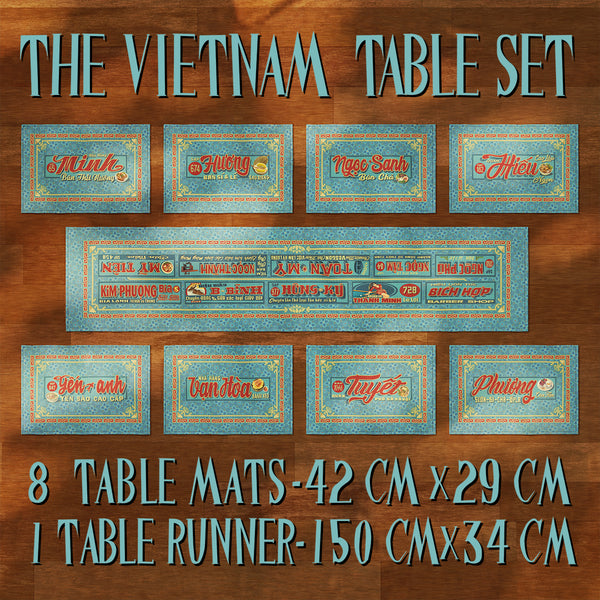 A full set of distinct Vietnamese table mats and a runner, printed on canvas fabric, featuring Vietnamese shop sign artwork, borders and patterns